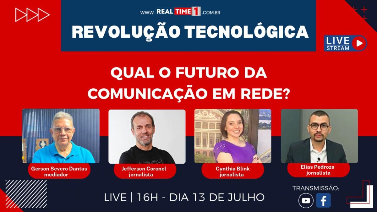Card do videocast Revolução tecnológica com os participantes Gerson Severo Dantas, Jefferson Coronel, Cynthia Blink e Elias Pedroza