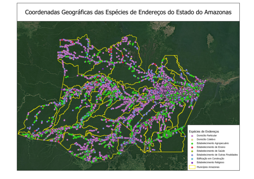 Mapa com as coordenadas geográficas de todos os endereços no Amazonas