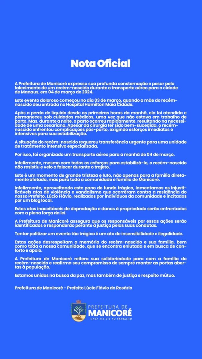 Nota sobre o vandalismo  em Manicoré - Foto: Reprodução/Instagram@_prefeiturademanicore