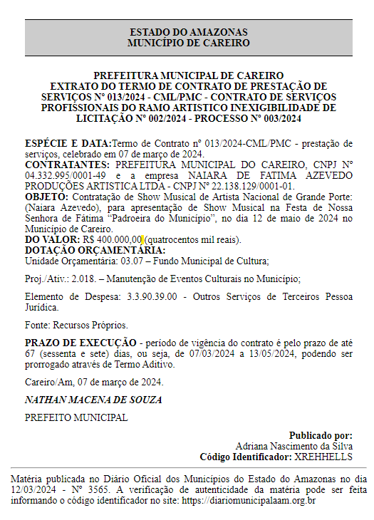 Extrato do contrato publicado no Diário Oficial da AAM (Foto: Reprodução