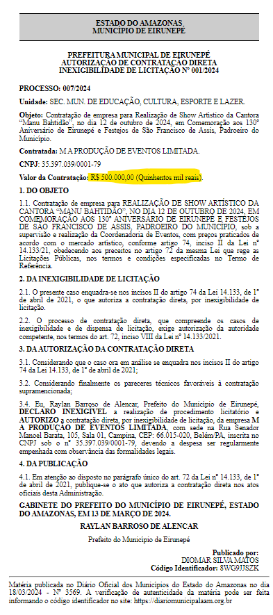 Extrato do contrato publicado no Diário Oficial da AAM (Foto: Reprodução)