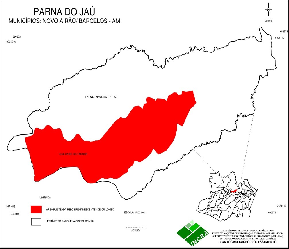 Mapa do Parque Nacional do Jaú, com o território do quilombo do Tambor dentro dele em vermelho