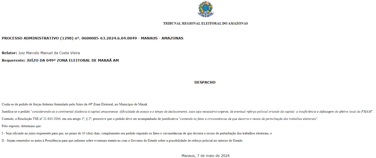 Pedido de forças federais ao TSE. (Foto: Reprodução/TSE)