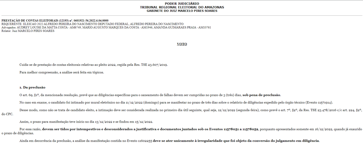 Parecer das contas reprovadas de Alfredo Nascimento no TRE-AM. (Foto: Reprodução/TRE-AM)