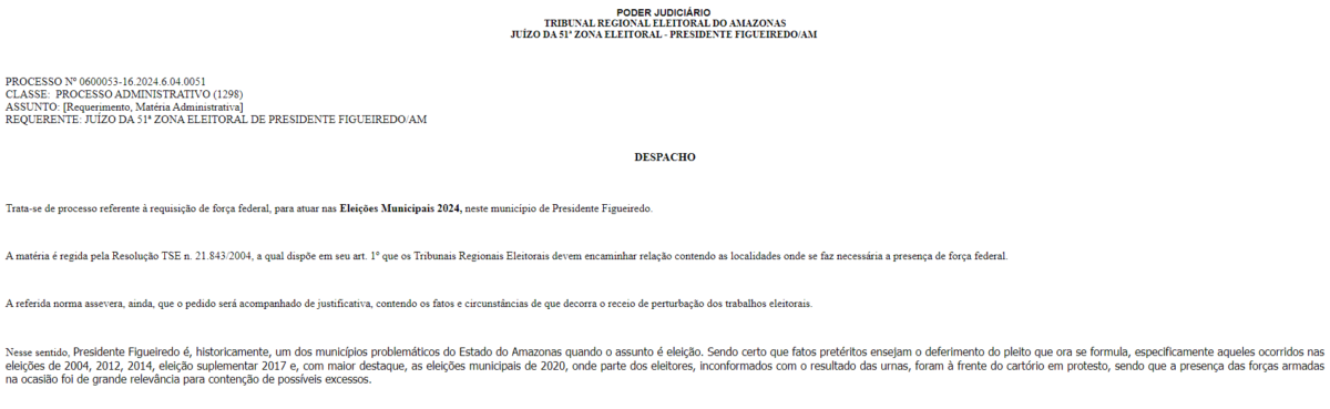 Pedido de reforço eleitoral em Presidente Figueiredo (Foto: Reprodução/PJE)