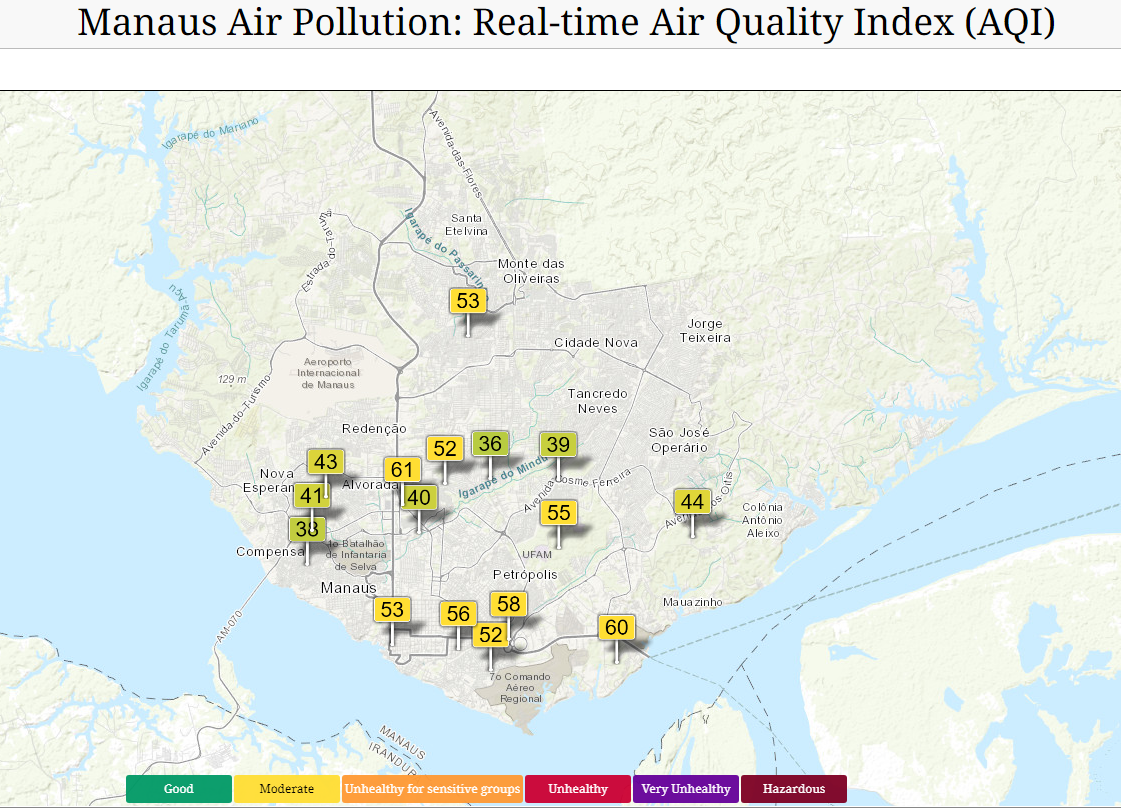 Mapa da qualidade do ar em Manaus (Foto: Reprodução/Aqicn)