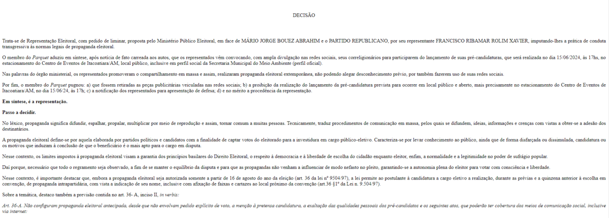 Decisão da Justiça Eleitoral (Foto: Reprodução/PJE)