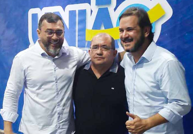 Gov. Wilson Lima, Nadiel Serrão e presidente nacional do União Brasil, Antonio Rueda
