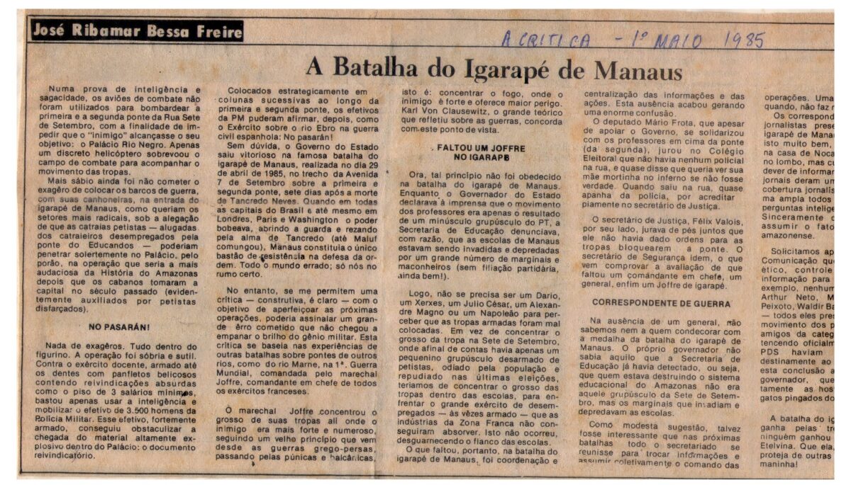 Artigo sobre movimento grevista em Manaus e que desgastou a figura do professor Gilberto Mestrinho