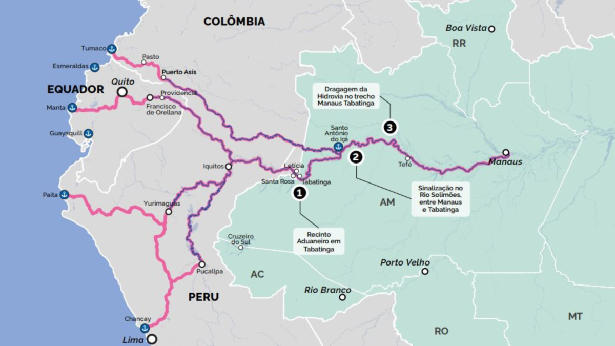 Inauguração da rota de Manaus ao pacífico está prevista para COP-30, diz Tebet. As Rotas da Integração Sul-Americana englobam 190 projetos de infraestrutura em 11 estados brasileiros que fazem fronteira com outros países sul-americanos (Arte: Ministério do Planejamento)