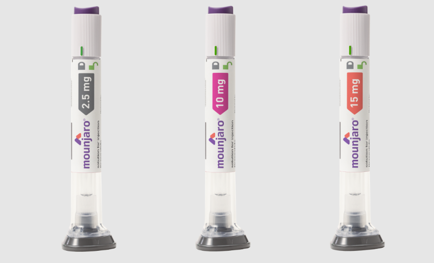 Canetas injetoras do medicamento Mounjaro em diferentes dosagens, utilizadas para o tratamento de diabetes tipo 2 e emagrecimento.
