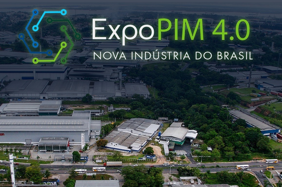 Vista aérea do Polo Industrial de Manaus com identidade visual da ExpoPIM 4.0