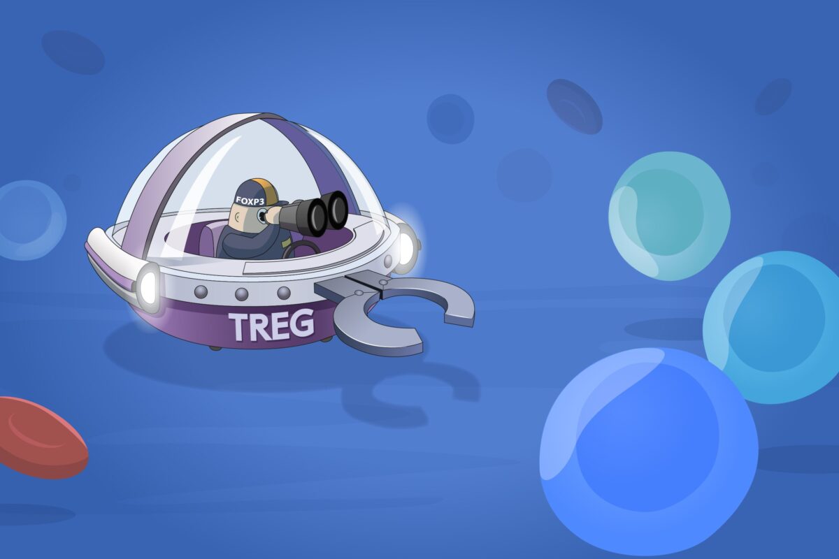 Ilustração científica mostra uma célula T reguladora (Treg) em formato de nave espacial, com a inscrição “FOXP3” no capacete do piloto, representando a pesquisa sobre tolerância imunológica que rendeu o Prêmio Nobel de Medicina de 2025 a Mary Brunkow, Fred Ramsdell e Shimon Sakaguchi.