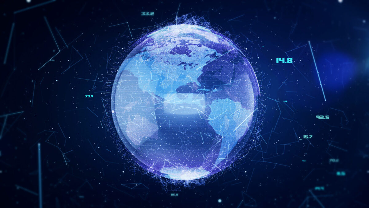 Globo terrestre digitalizado com linhas de conexão e números, simbolizando avanços científicos e tecnológicos globais.