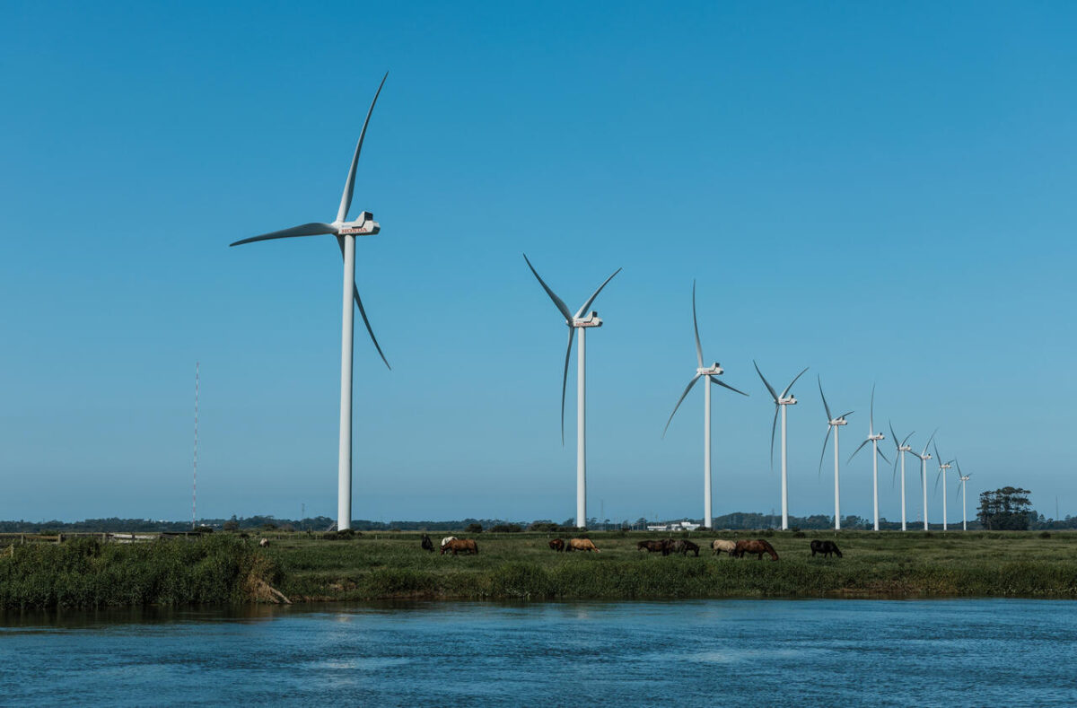 Parque eólico da Honda Energy em Xangri-Lá, no Rio Grande do Sul, com aerogeradores alinhados e área de campo próxima ao lago.
