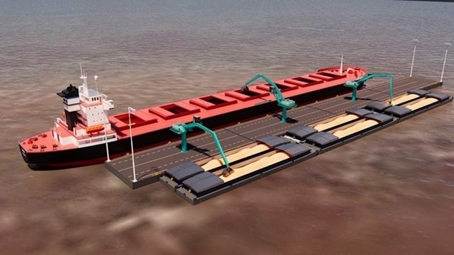 Projeto ilustrado do Porto Verde em Itacoatiara com navio atracado e guindastes de transbordo de grãos.