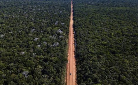 Vista aérea da BR-319, estrada de terra cercada por floresta densa na região amazônica