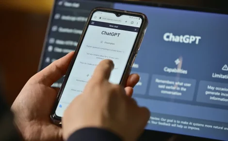 Pessoa utilizando o ChatGPT em smartphone; tela do sistema de inteligência artificial exibe comandos e funções.