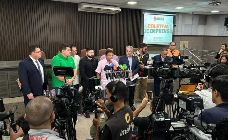 Presidente da CMM, em coletiva de imprensa. (Foto: Marcos Lima/RealTime1)
