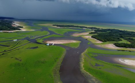 Imagem aérea do rio Tarumã em Manaus após a pior seca já registrada no Amazonas em 122 anos. (Foto: Phelippe Omena / RT1 Play)