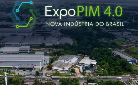Vista aérea do Polo Industrial de Manaus com identidade visual da ExpoPIM 4.0