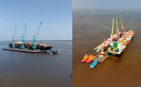 Píeres provisórios ancorados próximos ao município de Itacoatiara (Foto: Bruno Leão/Sedecti)