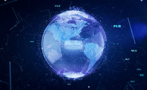 Globo terrestre digitalizado com linhas de conexão e números, simbolizando avanços científicos e tecnológicos globais.
