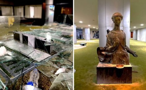 Salão Verde da Câmara: maquete do Congresso quebrada e escultura do anjo vandalizada, mas não danificada. (Foto: Clauder Diniz/Câmara dos Deputados)