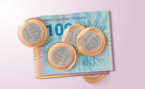 Ilustração de cédulas e moedas de real usadas para representar orçamento e 13º salário.