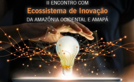 Mão humana sobre uma lâmpada acesa com efeitos luminosos e digitais, simbolizando ideias e conexões tecnológicas. A imagem representa o II Encontro do Ecossistema de Inovação da Amazônia Ocidental e Amapá, promovido pela Suframa.