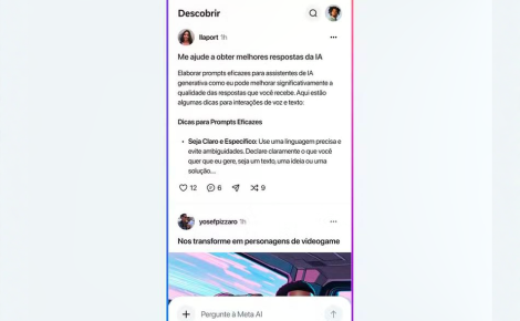 Interface mobile do aplicativo Meta AI em um smartphone, mostrando a tela do assistente de inteligência artificial da empresa