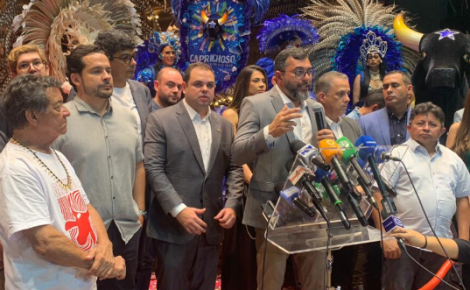 Governador Wilson Lima ao lado de Roberto Cidade e Alberto Neto, no lançamento do Festival de Parintins