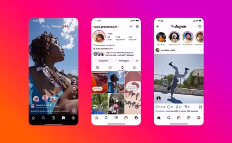 Smartphone com a interface do Instagram, ilustrando os novos recursos de repost de Reels e mapa de localização de amigos