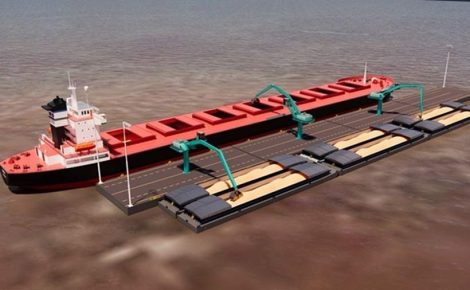 Projeto ilustrado do Porto Verde em Itacoatiara com navio atracado e guindastes de transbordo de grãos.