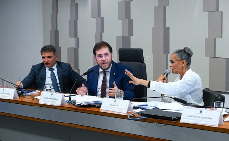 Senador Plínio Valério, presidente da CPI das Ongs, discute com a ministra do Meio Ambiente, Marina Silva,