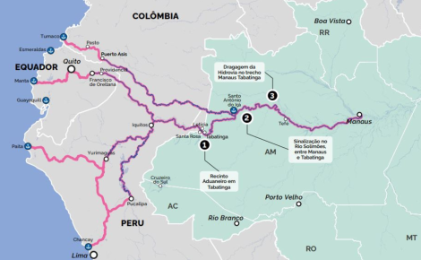 Inauguração da rota de Manaus ao pacífico está prevista para COP-30, diz Tebet. As Rotas da Integração Sul-Americana englobam 190 projetos de infraestrutura em 11 estados brasileiros que fazem fronteira com outros países sul-americanos (Arte: Ministério do Planejamento)