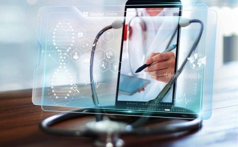 Doctor online, Online medical communication with patient on virtual interface, Online and medical consultation, Virtual hospital, Doctor through the smartphone screen using stethoscope checks and analysis health.